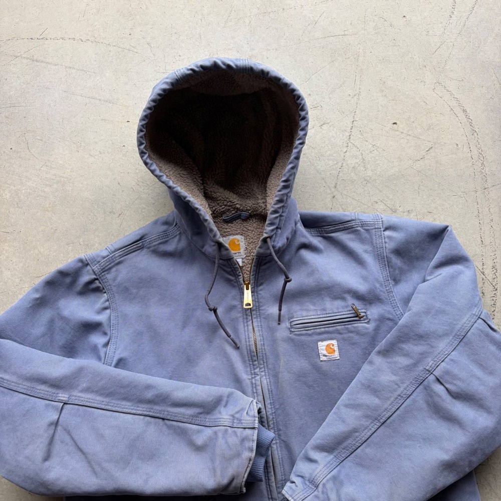 Vintage Carhartt WJ141 PBL Sherpa Lined Hooded Jacket Blue Large